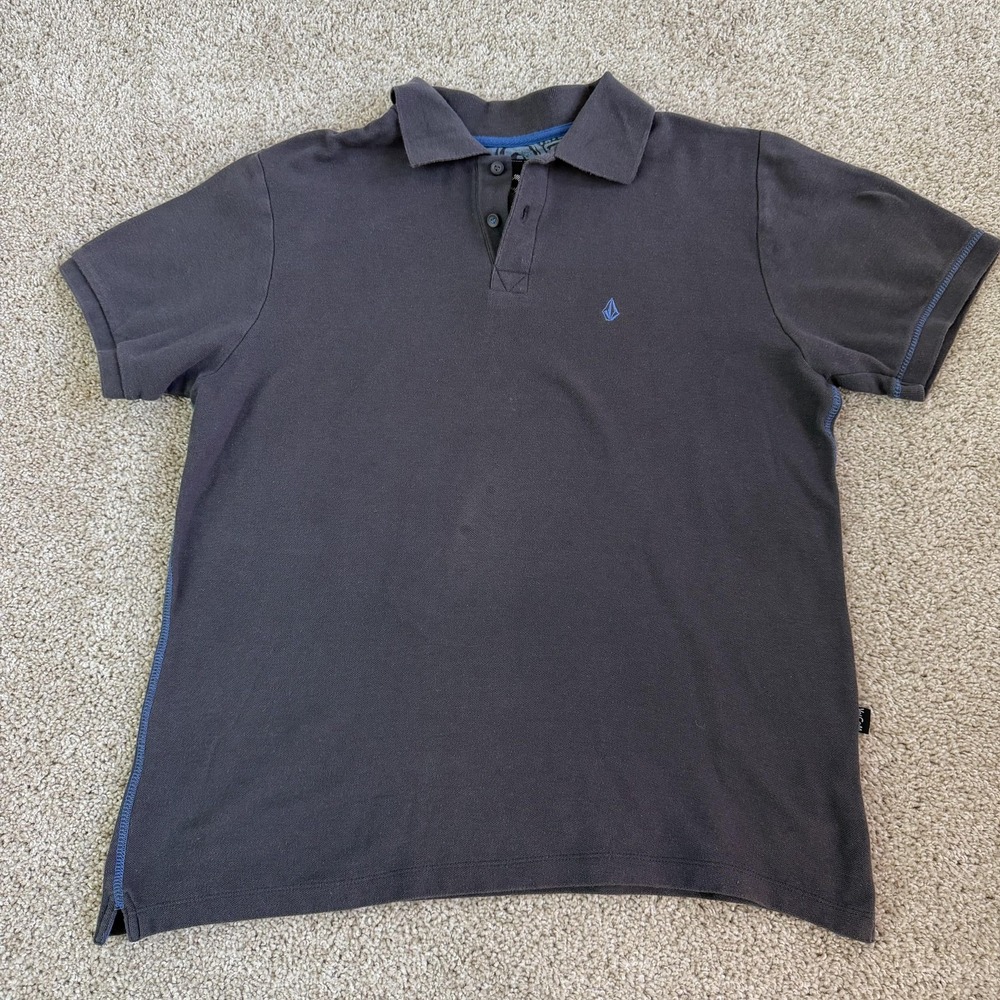 Volcom Polo Shirt Mens Large Gray Solid Knit Short Sleeve Logo Skate Casual